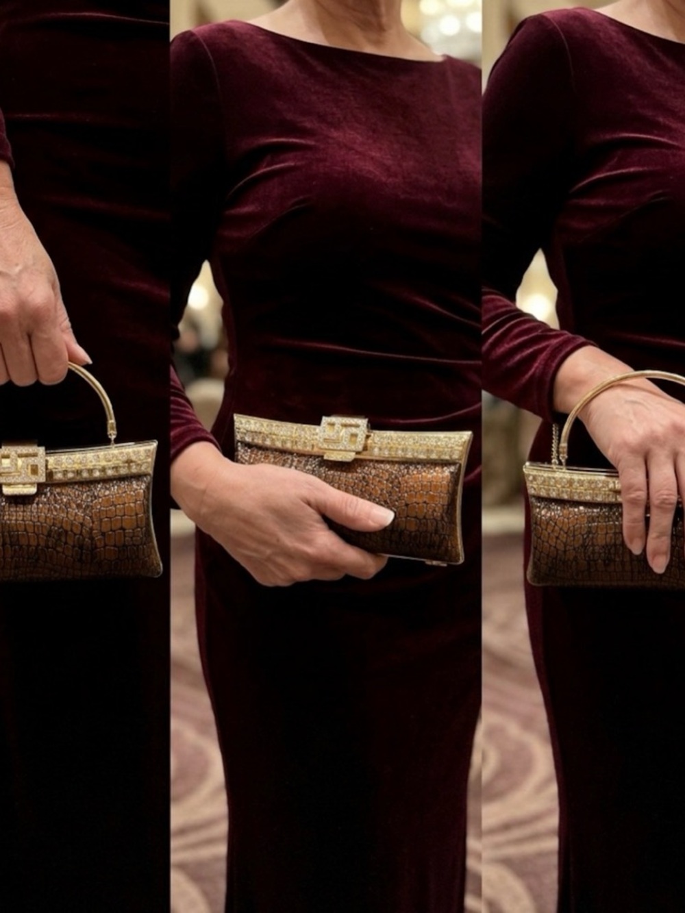 Vintage-Style Faux Crocodile Evening Bag Gold Frame Rhinestone Clutch Brown Glam
